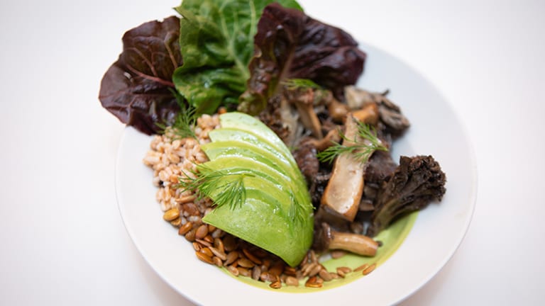 Plate of food with avocado, mushrooms and grains
